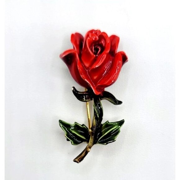 HAR Red Rose Enamel Brooch Signed - Picture 5 of 6